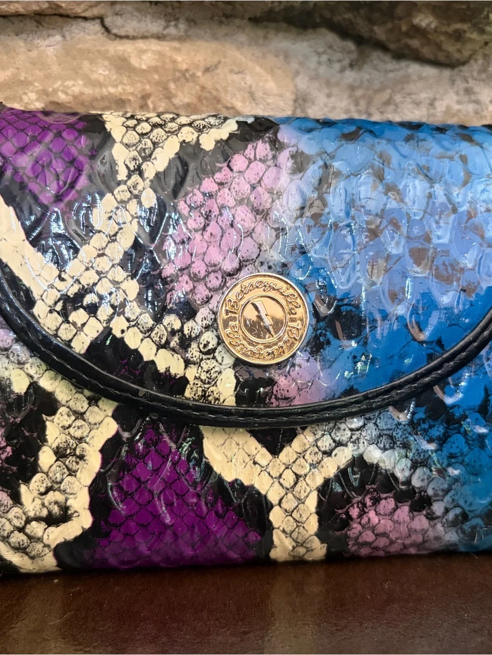 Betsey Johnson Betseyville Blue Purple Cream Snake-Print Wallet